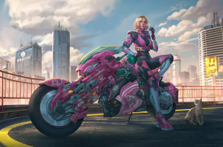 A blonde cyberpunk woman in futuristic armor poses on a vibrant pink sci-fi motorcycle in a cityscape, with a cat nearby; HD PC desktop wallpaper background.