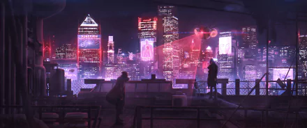 A cyberpunk cityscape at night with towering skyscrapers, neon lights, and silhouetted people, capturing a futuristic sci-fi urban atmosphere in HD detail.