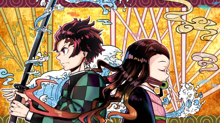 4K Ultra HD anime wallpaper featuring Nezuko Kamado and Tanjiro Kamado from Demon Slayer: Kimetsu no Yaiba, with vibrant colors and dynamic background elements.