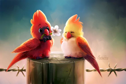 HD desktop wallpaper featuring a fantasy illustration of two colorful birds on a fence post, sharing a tender moment with a flower.