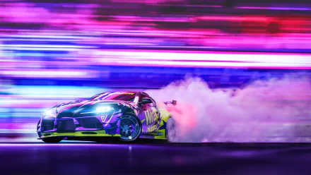 A Toyota Supra performing a burnout, surrounded by smoke, captured in vivid neon colors in this 4K Ultra HD desktop wallpaper.