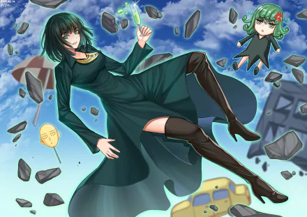 HD anime desktop wallpaper featuring Tatsumaki and Fubuki from One-Punch Man wearing thigh boots, with floating rocks and a small chibi Saitama in the background.