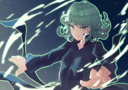 HD PC desktop wallpaper featuring Tatsumaki from One-Punch Man, depicted with dynamic energy effects and a focused expression in anime style.