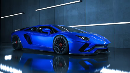 Blue Lamborghini Aventador S supercar in a glossy garage, reflecting on a wet floor — HD PC desktop wallpaper/background showcasing the sleek car.