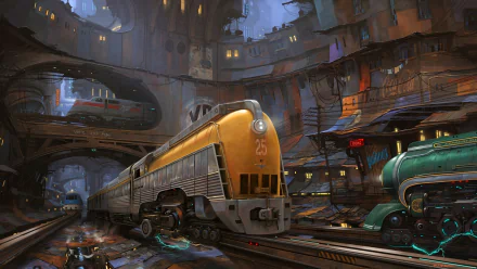Futuristic sci-fi locomotive in a detailed urban setting, featuring advanced train design and vibrant lighting, rendered as an HD PC desktop wallpaper and background.