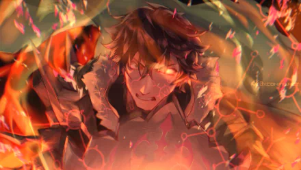 HD PC desktop wallpaper featuring Naofumi Iwatani from the anime The Rising of the Shield Hero, showing him engulfed in fiery flames with intense glowing eyes.