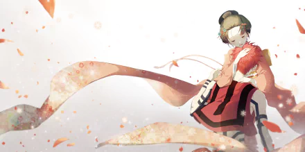 HD PC desktop wallpaper featuring Akaza from the anime Demon Slayer: Kimetsu no Yaiba in a dynamic pose with flowing ribbons and soft, warm colors.