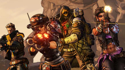 HD PC wallpaper featuring Zane, Amara, and FL4K from Borderlands 3 in an action-packed desert setting, showcasing the iconic video game characters.