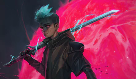 HD PC desktop wallpaper featuring a sci-fi cyborg with blue hair and a glowing sword against a vibrant red, cosmic background.