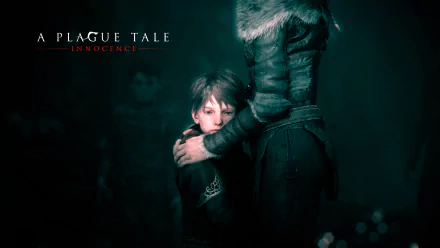 4K Ultra HD PC wallpaper featuring Hugo de Rune from the video game A Plague Tale: Innocence, showing an emotional embrace in a dark, atmospheric setting.