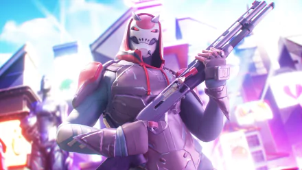 HD Fortnite PC desktop wallpaper featuring a character in futuristic armor holding a weapon against a bright, dynamic urban background.