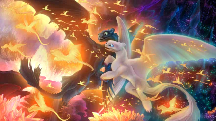 HD desktop wallpaper featuring Toothless and a white Night Fury dragon from How to Train Your Dragon: The Hidden World amidst glowing dragons and vibrant skies.