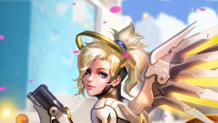 woman warrior blue eyes blonde Mercy (Overwatch) video game Overwatch HD Desktop Wallpaper | Background Image
