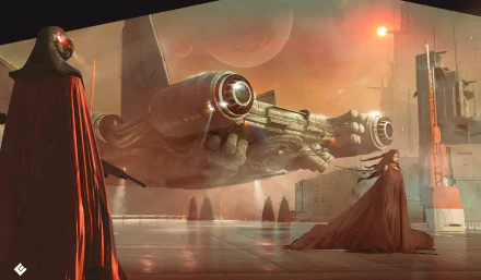 Futuristic sci-fi HD desktop wallpaper depicting a woman in a cloak near a detailed spaceship, set against an otherworldly cityscape with planets in the sky.