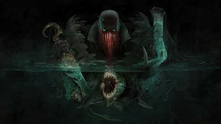 HD PC desktop wallpaper featuring Pyke from the video game League of Legends emerging from dark waters with a menacing expression.