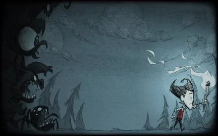 HD PC desktop wallpaper featuring eerie, dark forest scenery from the video game Don't Starve, with its signature stylized character holding a torch.
