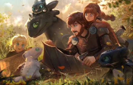 HD wallpaper featuring characters from How to Train Your Dragon: The Hidden World including Hiccup, Toothless, and other dragons in a vibrant, sunlit setting.