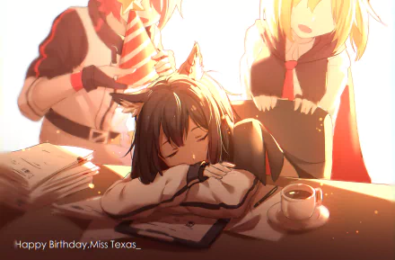 HD wallpaper featuring Arknights characters celebrating a birthday, with one character wearing a party hat while another sleeps on a table surrounded by paperwork and a cup of coffee. Text reads Happy Birthday, Miss Texas.