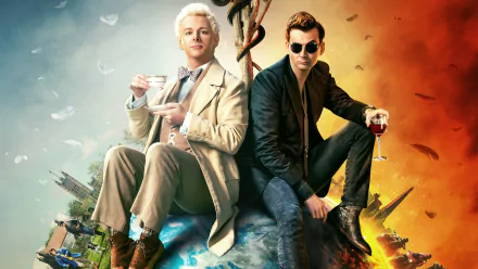 Adam Young Famine (Good Omens) War (Good Omens) Dog (Good Omens) Michael Sheen David Tennant Crowley (Good Omens) Aziraphale (Good Omens) TV Show Good Omens HD Desktop Wallpaper | Background Image
