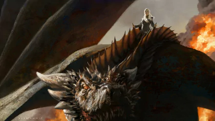 HD desktop wallpaper of Daenerys Targaryen riding Drogon, the dragon from the Game of Thrones TV show, set against a dramatic fiery background.