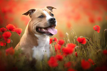 A bull terrier dog sits among vibrant red poppy flowers in this HD desktop wallpaper, capturing a bright and lively outdoor scene.