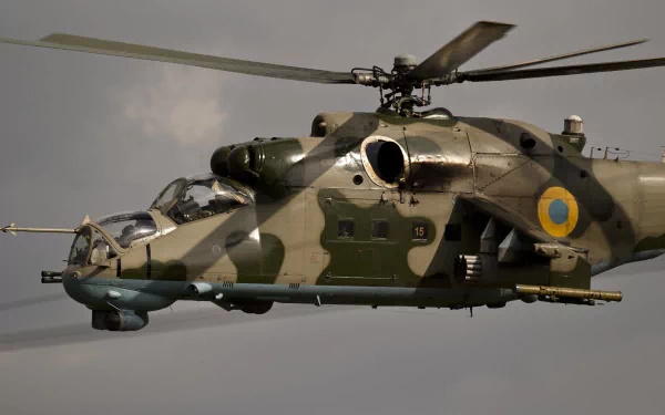 HD desktop wallpaper featuring a Ukrainian Air Force Mil Mi-24 military helicopter in flight against a cloudy sky.