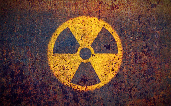 Grungy textured sci-fi radioactive symbol logo in yellow on rusted metal — 4K Ultra HD PC desktop wallpaper/background.