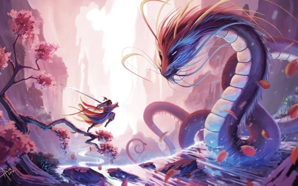 Fantasy Dragon Battle Oriental Warrior Sword HD Wallpaper | Background Image