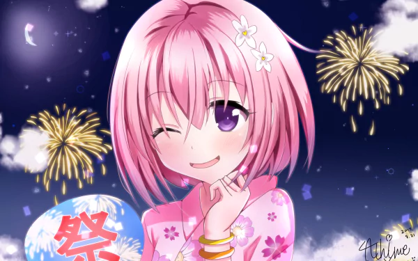 Anime character Momo Velia Deviluke from To Love-Ru: Darkness with pink hair and purple eyes, wearing a floral kimono, set against a night sky with fireworks.