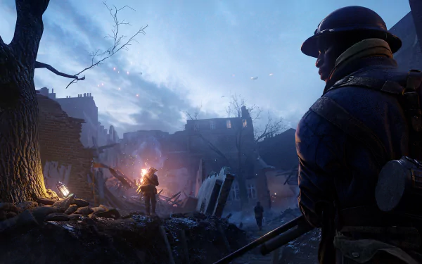 HD PC desktop wallpaper from the World War I video game Battlefield 1, depicting soldiers in a war-torn battlefield at dusk with detailed atmospheric effects.