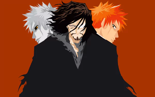 Minimalist HD desktop wallpaper featuring Hollow Ichigo with white hair, Zangetsu with dark hair, and Ichigo Kurosaki with orange hair from the anime Bleach on a solid brown background.