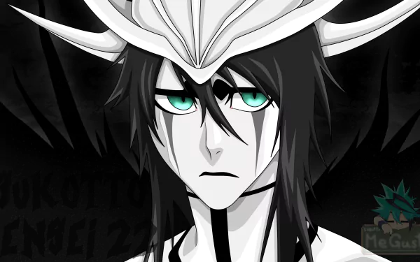 Ulquiorra Cifer (Anime, Bleach) close-up: pale, expressionless face with teal eyes, hollow-mask horn and dark feathered cloak against a shadowed backdrop — 4K Ultra HD PC desktop wallpaper/background