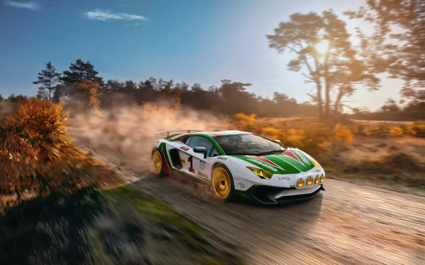 A Lamborghini Aventador SV rally car speeds along a dusty track with motion blur, set against a scenic background, captured in an HD PC desktop wallpaper.