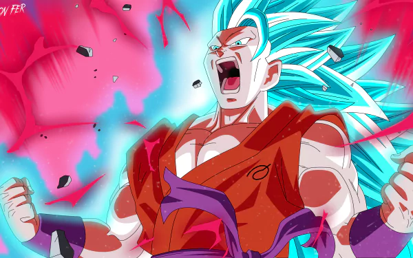 2K PC Dragon Ball Super anime wallpaper: Goku as Super Saiyan Blue with Kaioken-red aura and Super Saiyan 3 energy, roaring amid flying rocks