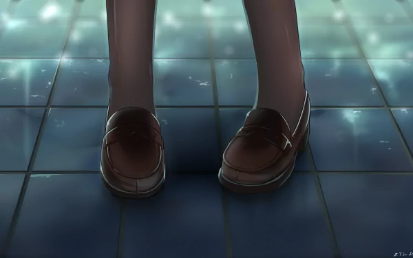 Anime original 4K Ultra HD PC desktop wallpaper/background showing brown school shoes and stockings standing on a glossy blue tiled floor.