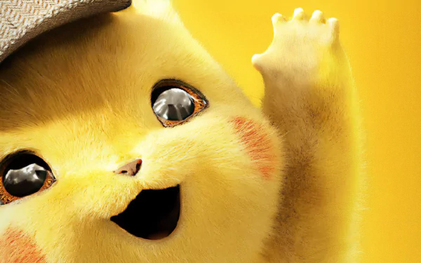 HD desktop wallpaper featuring a close-up of Pikachu from Pokémon Detective Pikachu, waving and smiling, set against a yellow background.