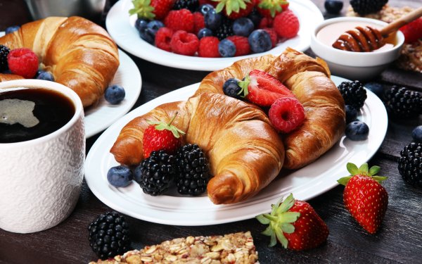 Food Breakfast Still Life Viennoiserie Coffee Croissant Berry Fruit Strawberry Blackberry Blueberry Raspberry Honey Cup HD Wallpaper | Background Image