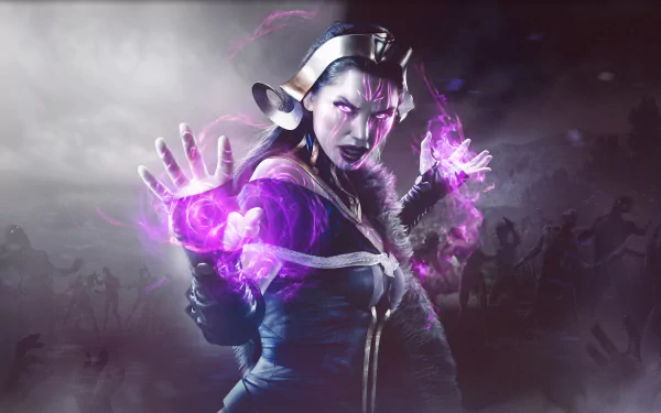 HD PC desktop wallpaper featuring Liliana from Magic: The Gathering, depicted casting purple magic with an intense, dark fantasy background.