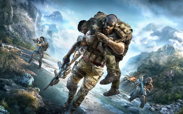 HD desktop wallpaper from Tom Clancy's Ghost Recon Breakpoint, showcasing warriors with guns in a rugged mountain landscape by a river.