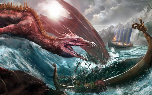 A fierce dragon soars over Viking drakkar boats battling rough seas in this HD fantasy wallpaper and desktop background.