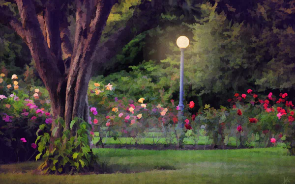 flower garden lamp post artistic painting HD Desktop Wallpaper | Background Image