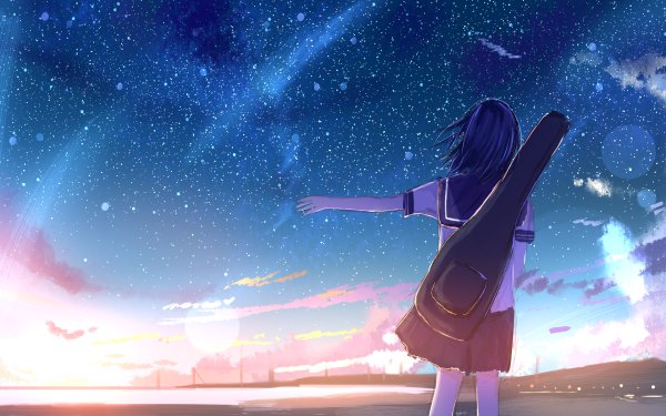 Anime Original Short Hair Bag Sunset Stars Blue Hair HD Wallpaper | Background Image