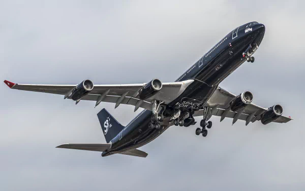 Airbus A340 airplane vehicle in black livery, descending with landing gear down against a gray sky — HD PC desktop wallpaper and background.