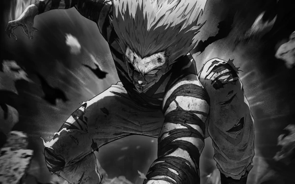 HD wallpaper from One-Punch Man featuring a dramatic monochrome depiction of the character Garou in an intense pose.