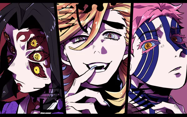 HD PC desktop wallpaper featuring Akaza, Doma, and Kokushibo from the anime Demon Slayer: Kimetsu no Yaiba in vibrant, detailed portraits.