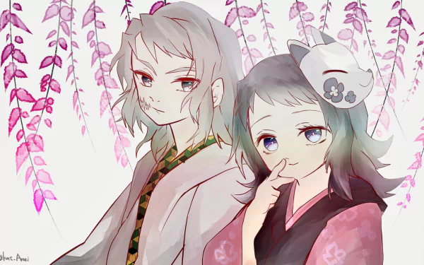 Makomo and Sabito from Demon Slayer: Kimetsu no Yaiba portrait beneath pink wisteria, anime HD PC desktop wallpaper background with gentle expressions and soft pastel colors.