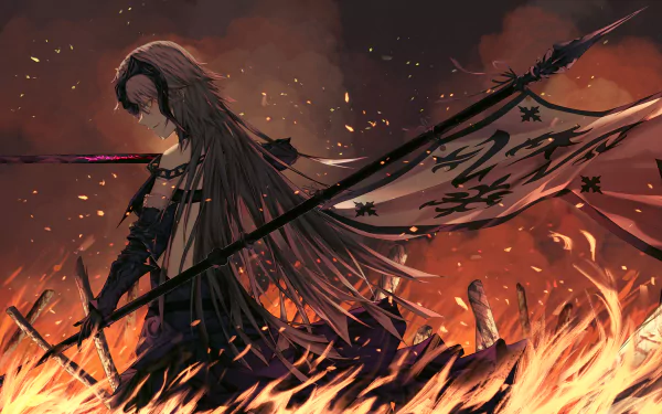 HD desktop wallpaper featuring Jeanne d'Arc Alter from Fate/Grand Order, with long hair, a flaming sword, and a flag, surrounded by fire against a dramatic background. Anime style depiction.