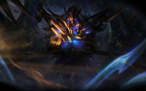 HD desktop wallpaper featuring Zed, the deadly assassin from the video game League of Legends, showcasing his dark, shadowy armor and glowing blue accents.
