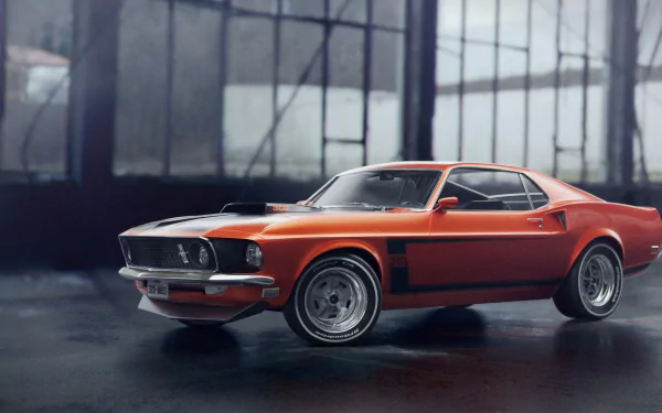 A vivid orange Ford Mustang Boss 302 muscle car in a sleek 4K Ultra HD desktop wallpaper showcasing the classic vehicle's bold design and power.