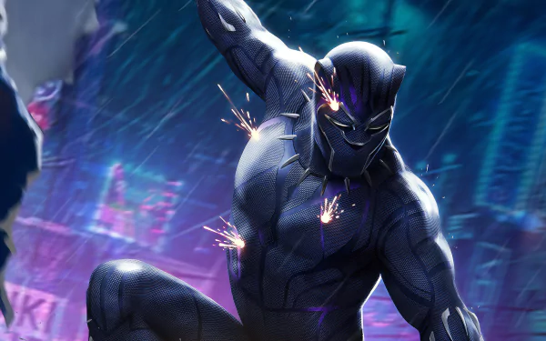Black Panther (Marvel Comics) comic-style 4K Ultra HD PC desktop wallpaper and background: Black Panther crouched, vibranium suit sparking against a neon, rainy cityscape.